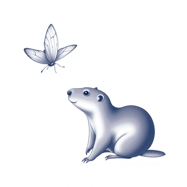 A groundhog is crouched low to the ground, its body tense and ears perked up. The groundhog's fur is textured with fine details that show its small size and curious nature. In front of it, a butterfly flutters gracefully, showcasing intricate patterns on its wings. The butterfly hovers momentarily, its antennae slightly curved, as the groundhog gazes up with a focused expression. The scene captures a moment of curiosity and interaction between the two creatures.