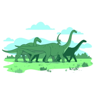 A group of large green dinosaurs is moving across a vast, grassy plain. The dinosaurs vary in size and type, with some having long necks and others with powerful bodies. In the background, a cloudy sky looms overhead, casting shadows on the grassy landscape. The grass appears lush and abundant, gently swaying in the breeze as the herd walks in unison. A few small flowers dot the grassy area, adding hints of color to the scene.