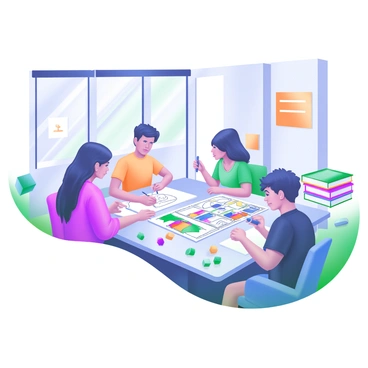 A modern pastel illustration depicting a group of four students gathered around a large table, focused on creating a comic strip. Two students are sketching ideas on paper, one is inking outlines with a fine-tipped pen, and the fourth is coloring panels with vibrant markers. Surrounding them are various supplies like colored pencils, erasers, and stacks of comic reference books. The room is filled with inspirational posters and large windows allowing natural light to illuminate their workspace.
