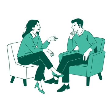 A teal woman with a bright smile is sitting cross-legged on a white chair, leaning slightly forward as she engages in conversation. Her eyebrows are raised, and her hands are animatedly gesturing as she speaks. Opposite her, a white man with a thoughtful expression is resting his chin on his hand, illustrating deep contemplation. He sits upright, with his body slightly turned towards her, indicating interest. The background consists of simple furnishings, enhancing the focus on their expressive faces and dynamic gestures.