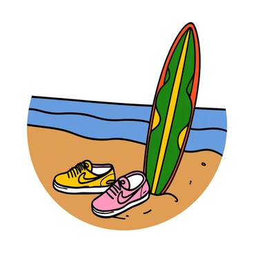A pair of Nike shoes in bright colors resting on soft, golden sand at a beach. Next to the shoes, there is a vibrant surfboard with a colorful design. The surfboard is standing upright in the sand, with the ocean waves gently lapping at the shore in the background. The clear blue sky is overhead, creating a perfect beach scene.