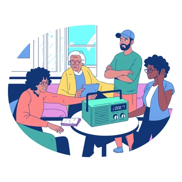A teal radio sits on a small round table in the center of a communal space, surrounded by a diverse group of neighbors. One neighbor, an older man with gray hair, leans in closely to listen to the news broadcast. A young woman with glasses is holding a notebook and pen, taking notes. A middle-aged woman with curly hair gestures animatedly as she shares her thoughts with the group. Another neighbor, a man with a baseball cap, stands with his arms crossed, listening intently. In the background, there's a cozy seating area with colorful cushions, and a window allows soft natural light to fill the space.