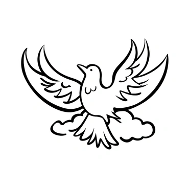 A bird in flight with outstretched wings, showcasing intricate feather details. The bird's feathers are depicted in various patterns and textures, creating a sense of movement and energy. The wings are positioned in a way that emphasizes the bird's soaring trajectory. The background includes a suggestion of clouds, enhancing the feeling of elevation.