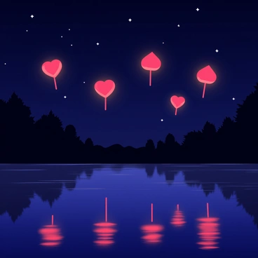 A tranquil lake reflects the night sky filled with "floating heart-shaped lanterns" that emit a warm glow. The lanterns, in shades of red and pink, drift gently upward, illuminating the dark surroundings. Silhouetted trees line the edges of the lake, adding depth to the serene scene. The water surface mirrors the lanterns' light, creating a magical atmosphere. A few stars twinkle in the sky, complementing the enchanting display of the lanterns.