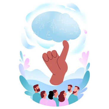 A figure in traditional attire is lifting the "Govardhan mountain" effortlessly with one finger. The mountain is depicted as a large, rounded mass with intricate details of trees and greenery adorning its surface. The figure is surrounded by a vibrant landscape filled with gently rolling hills and a blue sky. Below the mountain, several characters are gazing up in awe at the scene, showcasing a sense of wonder. The atmosphere is filled with a gradient of pastel colors, creating a soft yet dynamic backdrop.