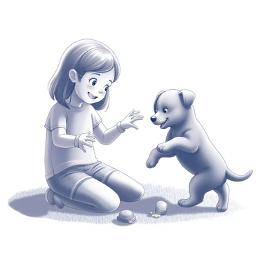 A little girl is sitting on the grass in a backyard, smiling and reaching out her hands. She is playing with a fluffy puppy that has a playful expression. The puppy is jumping around her excitedly, its ears perked up and tail wagging. Sunlight is streaming down, casting soft shadows on the ground. There are a few scattered toys in the grass around them, and the scene conveys a sense of joy and interaction between the girl and the puppy.