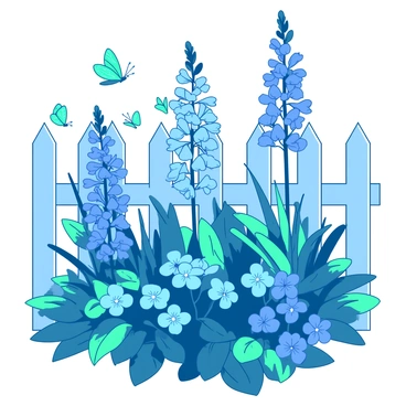 A blue garden is filled with various flowers blooming vibrantly under the sunlight. The flowers include tall blue delphiniums and small blue forget-me-nots, interspersed among lush green leaves. Sunlight casts bright highlights on the petals, creating a shimmering effect. In the background, there are hints of a soft white picket fence framing the garden. Butterflies with teal wings flutter among the blooms, and a gentle breeze causes the flowers to sway lightly.
