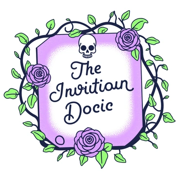 A gothic invitation rests on a textured surface, featuring a border adorned with dark roses intertwined with thorny vines. In the center, there is a subtle skull design, positioned delicately among the floral elements. The invitation text is elegantly scripted in a traditional font, surrounded by the dark roses. A hint of shadow enhances the depth of the composition, creating a dramatic atmosphere while maintaining clarity.