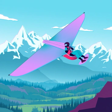 A hang glider soaring through the sky, its vibrant fabric wings stretched wide against the blue backdrop. Below, a breathtaking panoramic view of rugged mountains with snow-capped peaks and expansive forests filled with vibrant greens. Wispy clouds drift in the distance, and the sunlight casts dramatic shadows across the landscape. The glider's pilot, wearing a sleek helmet and a bright jumpsuit, is gliding gracefully, capturing the essence of freedom in this serene yet adventurous scene.