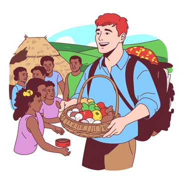 A red-haired man named "Samson" is smiling as he hands out food and supplies to a group of villagers. The villagers, consisting of men, women, and children, are gathered around him, expressing gratitude. Samson is wearing a simple blue shirt and brown pants. He has a backpack filled with various supplies slung over one shoulder. In his hands, he is presenting a large basket filled with bread, vegetables, and canned goods. The background features a small village with thatched-roof houses and green fields.