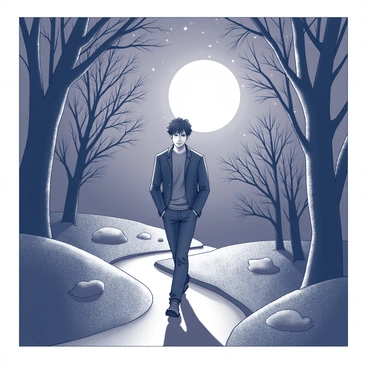 A figure resembling "Heathcliff" is walking along a narrow, winding path. The scene is illuminated by a bright "full moon" that casts shadows across the ground. The path is surrounded by dark, leafless trees, their branches reaching out as if to frame the figure. The ground is uneven, with patches of grass and stones visible. The sky is clear, with a scattering of stars that enhance the night atmosphere. The figure has a determined expression as he walks purposefully along the path.