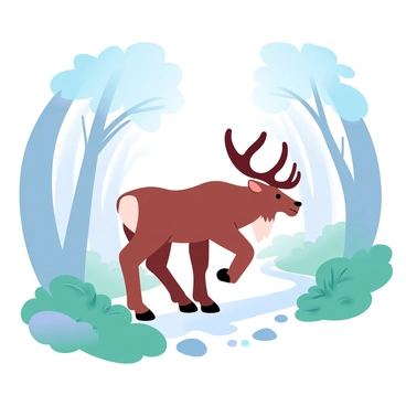 A caribou with large antlers is walking along a narrow woodland path. The path is bordered by lush green underbrush and tall trees. Dappled sunlight filters through the leaves above, creating patches of light and shadow on the ground. The woodland is filled with a variety of plants, and a few scattered rocks are visible along the path. The atmosphere is tranquil, with the caribou gracefully moving through its natural habitat.