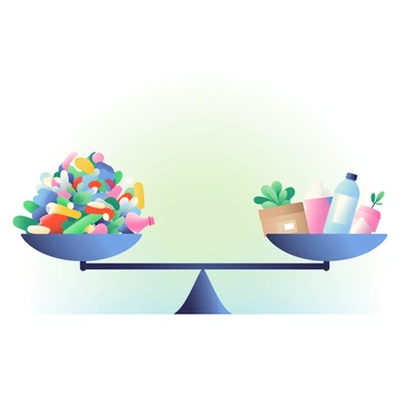 Two scales are positioned prominently in the center of the image. On the left side of the scales, there is a pile of colorful plastic waste, including bottles, bags, and containers, creating a chaotic and vibrant mass. On the right side, there are neatly arranged recycled products, such as a reusable water bottle, a cardboard box, and a glass jar, all reflecting a sense of order. The scales are tilted slightly, indicating the weight of the plastic waste compared to the recycled products. The background is a soft gradient, blending from light green to pale blue, enhancing the focus on the scales and the contrasting items.