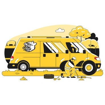 A roadside assistance van parked on the side of a highway with its emergency lights flashing. The van features a prominent logo on the side. Beside the van, a man in a reflective vest is kneeling next to a stranded car with a flat tire. He is inspecting the tire while tools are spread out on the ground nearby. The highway is lined with green grass and trees in the background. A distant view of vehicles passing on the other side of the highway can be seen.