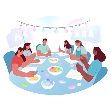 A group of artists is gathered around a large table, actively drawing on sketchpads with various art supplies scattered around them. Each artist is focused on their work, creating colorful illustrations inspired by a fun theme. Several bowls filled with snacks such as colorful candies, fruit slices, and chips are placed on the table, invitingly arranged. The scene is softly illuminated by string lights hanging above, creating a cozy atmosphere. In the background, there are easels displaying some completed artworks.