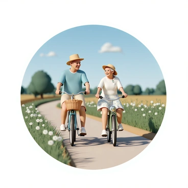 An elderly couple riding bicycles along a picturesque country path. The man is wearing a light blue shirt and beige shorts, with a sun hat on his head. He rides a vintage bicycle with a wicker basket attached to the front. The woman is wearing a white blouse and a floral skirt, and she has a straw hat adorned with a ribbon. She rides a classic bicycle that has a bell on the handlebars. They are smiling at each other, surrounded by lush greenery, wildflowers along the path, and a clear blue sky overhead.
