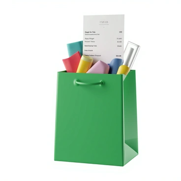 A digital receipt is emerging from a virtual shopping bag, which is a glossy green tote with a modern design. The shopping bag is slightly open, revealing a mix of colorful items inside, including clothes and accessories. The receipt itself is white with printed text in black, displaying various purchase details. The background features a subtle glow, enhancing the futuristic theme of the scene.