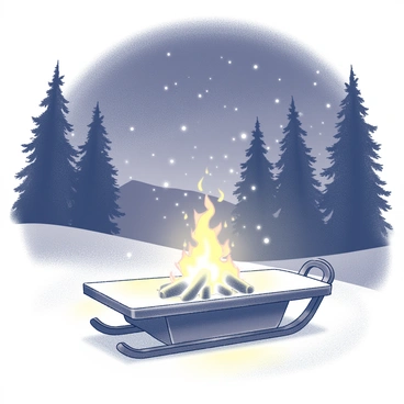 A toboggan resting on a snow-covered ground. The bonfire emits flickering flames, casting light onto the surrounding area. Above, the night sky is filled with scattered stars, and snowflakes gently fall. The warmth from the fire creates a contrast to the coldness of the environment. In the background, tall trees are silhouetted against the night, their branches heavy with snow. The scene conveys a sense of tranquility and warmth amidst the winter landscape.