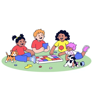 A group of three children gathered around a colorful loto board on the grass. The first child, a girl with pigtails, is holding a blue card while looking excited. The second child, a boy wearing a red t-shirt, is placing a token on the board with a big smile. The third child, another girl with curly hair, is reaching for a token while sitting cross-legged. Nearby, a playful puppy with floppy ears and a small kitten with striped fur are curiously watching the game. A few scattered tokens are lying on the ground, showcasing the playful atmosphere.