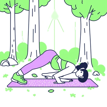 A person is performing a plank pose on a yoga mat arranged on the forest floor. The individual has a focused expression and is dressed in athletic wear. The yoga mat features a textured surface and is placed among fallen leaves. Surrounding the person, tall trees with greenery rise above, and sunlight filters through the branches, casting dappled shadows on the ground. In the background, a few small rocks and patches of grass are visible, enhancing the outdoor setting.