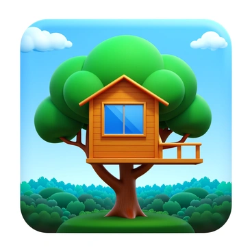 A treehouse nestled among the branches of a large oak tree. The treehouse is constructed with wooden boards, featuring a small porch that extends outward. Large windows made of glass allow for a clear view of the surrounding forest. Below, the forest is vast and dense, filled with various shades of green from the leaves of the trees. The canopy of the forest stretches far into the distance, showcasing the natural beauty of the landscape. The sky above is bright blue with a few fluffy white clouds drifting by.