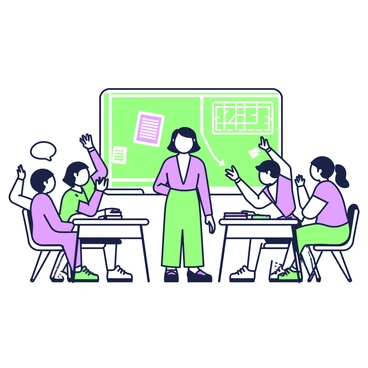 A classroom filled with students sitting at their desks. Some students have their hands raised, expressing frustration during a heated debate. In the front of the room, a teacher stands with a focused expression, observing the situation. The students are diverse in appearance, with varying hairstyles and clothing styles. Papers and textbooks are scattered on the desks, hinting at the intensity of the discussion. A large chalkboard in the background displays notes and diagrams related to the debate topic.