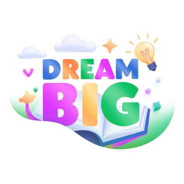 A modern pastel illustration featuring the quote "Dream Big" prominently displayed in large, colorful letters. Each letter is crafted in a different vibrant color, creating a lively effect. The background is adorned with subtle, abstract shapes in soft pastels, enhancing the visual appeal. Surrounding the text are whimsical elements such as stars, clouds, and lightbulbs, adding a sense of inspiration and creativity.