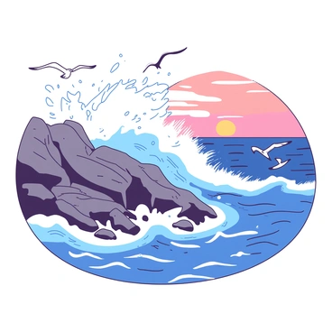 A turbulent scene depicting waves crashing powerfully against a rugged coastline. The water splashes high as it hits the jagged rocks, sending droplets flying into the air. The ocean is a deep blue, contrasting with the gray and brown tones of the wet rocks. A few seagulls can be seen soaring above the water, emphasizing the dynamic energy of the environment. The sky is painted with hues of orange and pink, hinting at a sunset in the background.