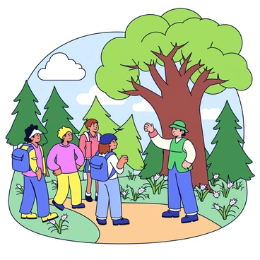 A nature guide wearing a green vest is standing in front of a group of hikers on a forest trail. The guide is pointing towards a tall oak tree with thick branches and green leaves. The hikers, who are dressed in various colors, are attentively listening and looking at the tree. The forest is filled with lush greenery, including ferns and wildflowers along the trail. Sunlight filters through the leaves, creating dappled light on the ground.