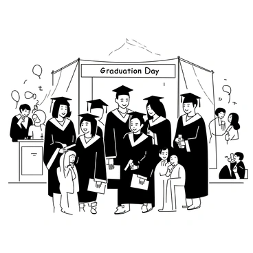 A high school graduation ceremony taking place in an outdoor setting. In the foreground, a group of students wearing caps and gowns stands together, smiling and holding their diplomas. Each student has a unique hairstyle, and their gowns feature different collar styles. In the background, a decorated stage is set up with a large banner reading "Graduation Day" and a podium. Family and friends can be seen in the audience, some taking photos, while balloons and banners adorn the area.