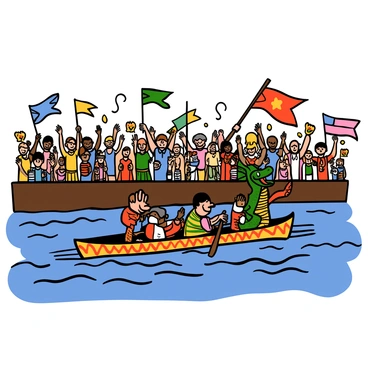 A vibrant dragon boat with intricate designs and bright colors is racing through the waves of a sparkling blue river. The boat is long and narrow, with a dragon head at the front, and a crew of paddlers energetically rowing in unison. In the background, a crowd of excited spectators is cheering from the riverbank, waving colorful flags and banners. The crowd consists of people of various ages and ethnicities, all dressed in summer clothing, and some holding drinks and snacks as they watch the thrilling race. The scene is filled with excitement and energy, showcasing the dynamic event.