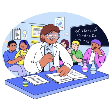 A science teacher with short brown hair is demonstrating Boyle's Law using a clear syringe at a classroom desk. The teacher is wearing a white lab coat and safety goggles, focusing on the syringe as they push the plunger down. The desk is cluttered with various science equipment, including a glass beaker filled with colored liquid and a notebook open with handwritten notes. In the background, there is a blackboard with scientific equations written on it, and several students are watching intently, taking notes. The classroom has bright lighting and colorful educational posters on the walls.