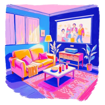A cozy living room features a comfortable sofa with soft cushions and a warm blanket draped over the armrest. A large projector is positioned on a shelf, casting an image of a classic kitsch movie onto a big screen mounted on the wall. The room is softly illuminated by a floor lamp with a warm glow, creating an inviting atmosphere. There is a coffee table in front of the sofa, adorned with popcorn in a bowl and a couple of soda cans. A patterned rug lies underneath, adding texture to the space, and a few potted plants are placed strategically around the room.