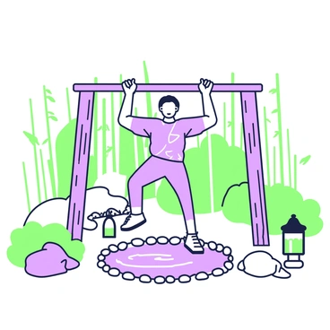 A person is performing pull-ups on a wooden beam in a zen garden. The individual has a focused expression, showcasing determination as they grip the beam with both hands. The beam is positioned between two stone lanterns, adding to the tranquility of the scene. Surrounding the garden are carefully raked pebbles and a few strategically placed rocks. In the background, there are bamboo plants creating a natural fence, and a small water feature can be seen, with gentle ripples reflecting light.
