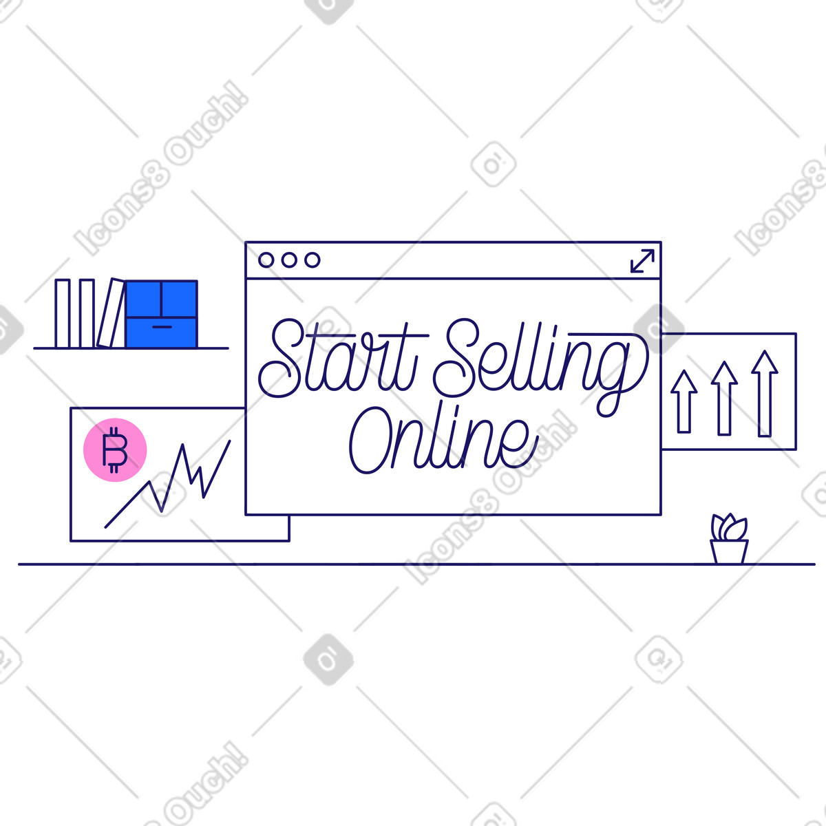 Ilustración Lettering start selling online en la pantalla del navegador estilo Matey a descargar PNG y SVG