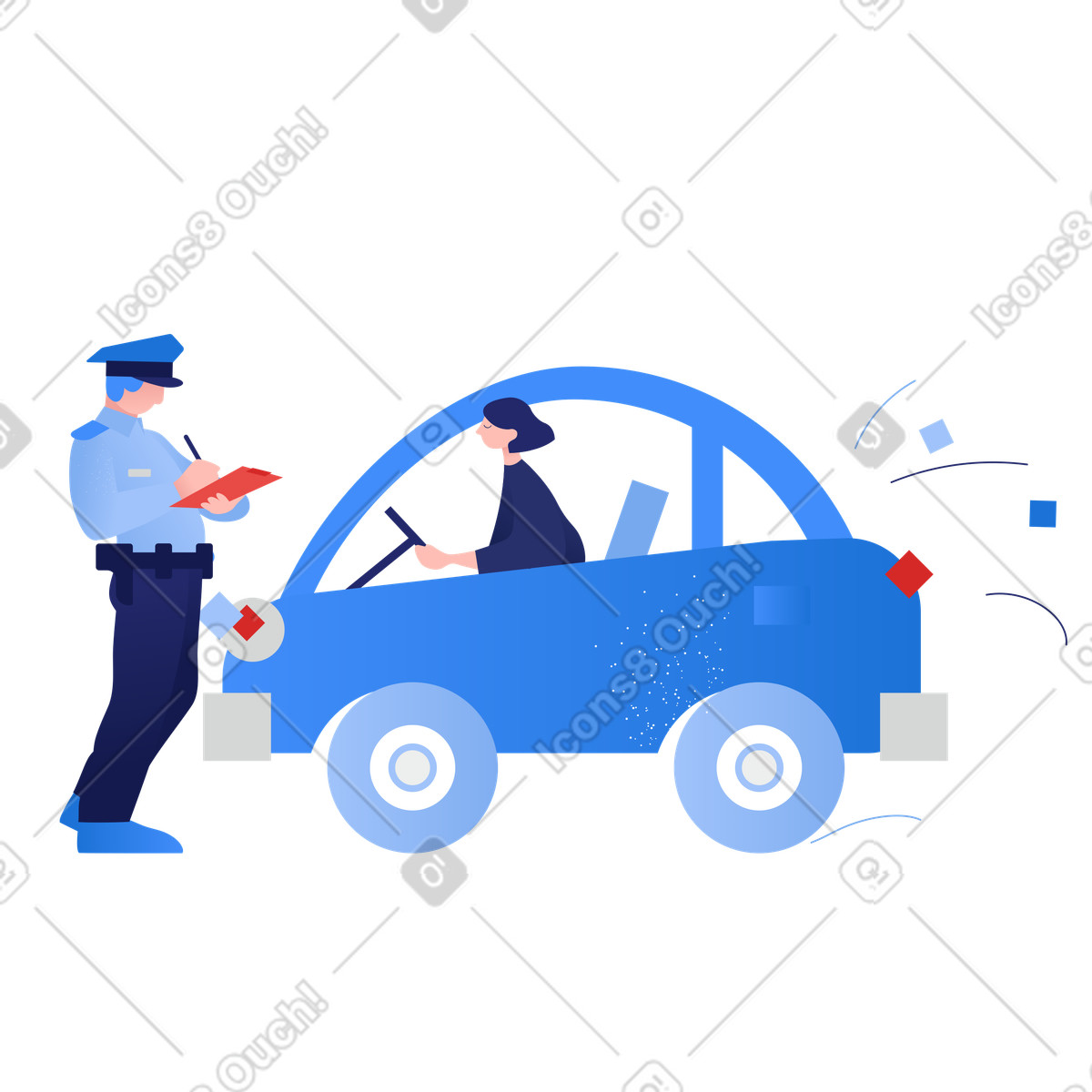 Ilustración Policía revisando documentos de una mujer en un coche estilo Clip a descargar PNG y SVG