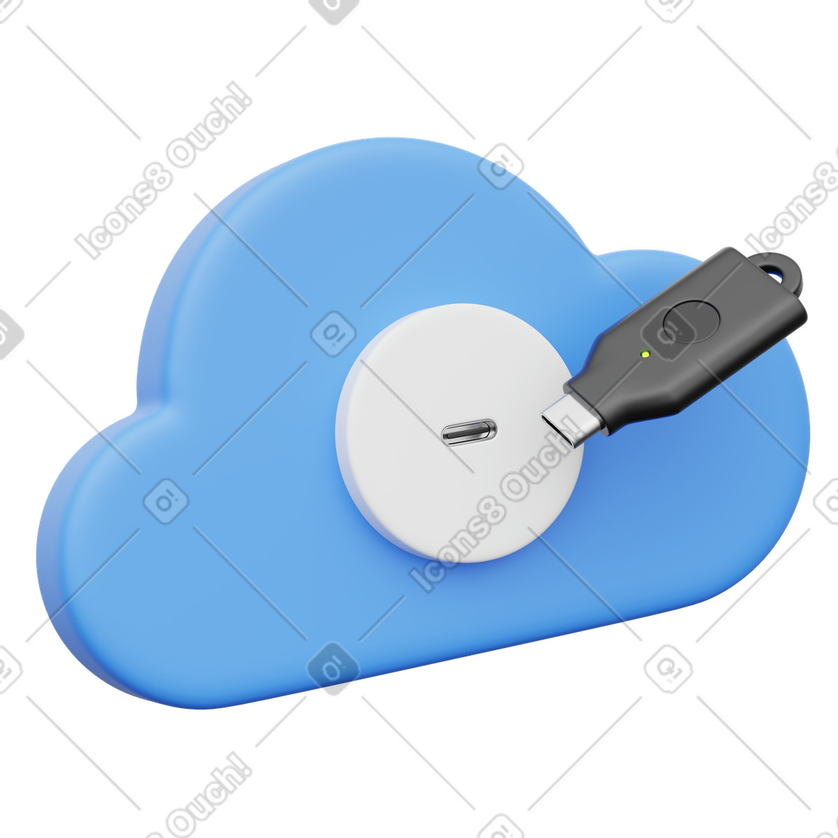 Cloud storage protected by USB security key for safe login-Illustration im 3D Playful-Stil als Download in PNG, SVG