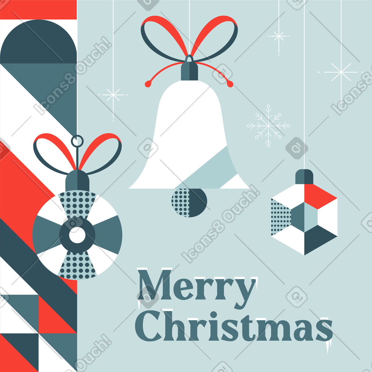 Ilustración Postal con letras y adornos de feliz navidad en estilo Nordic a descargar en PNG SVG