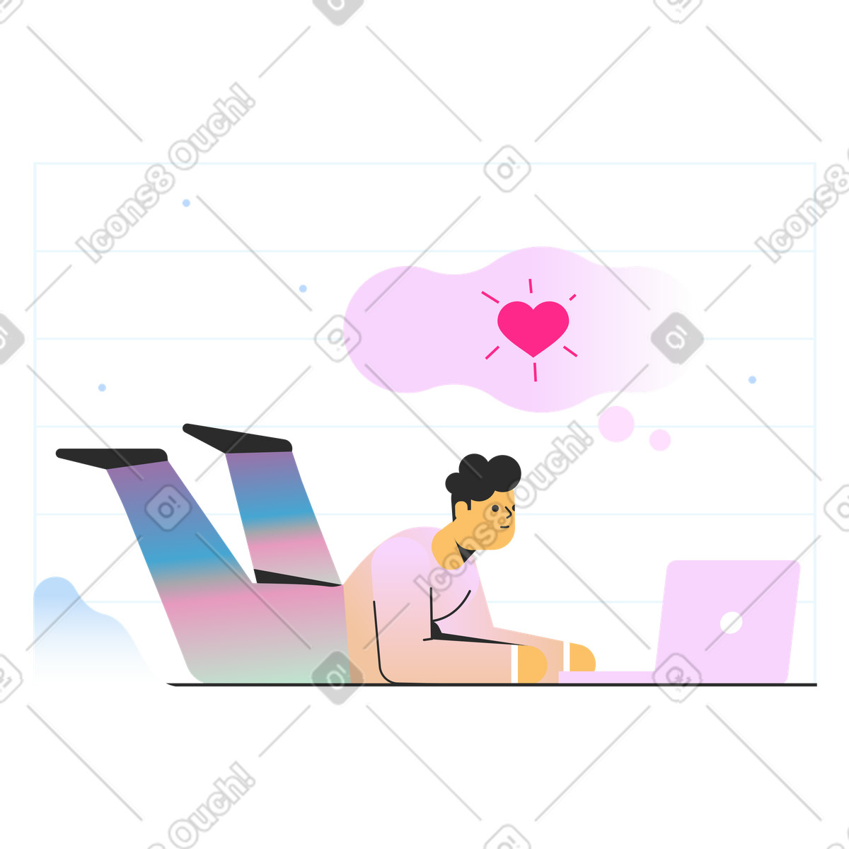 Man with laptop searching for love match illustration in Marginalia style download in PNG, SVG