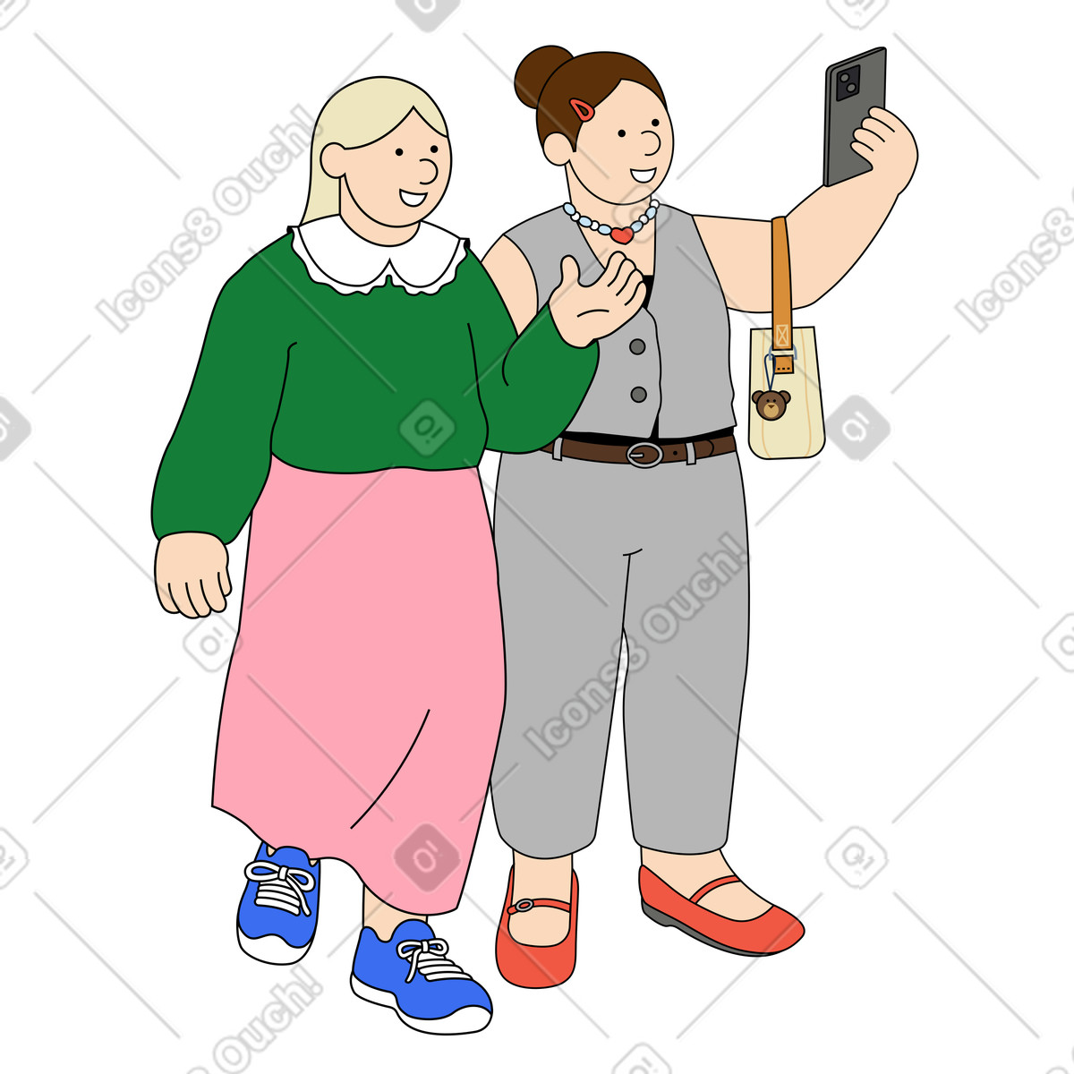 Junge frauen machen selfies-Illustration im Kindy-Stil als Download in PNG, SVG