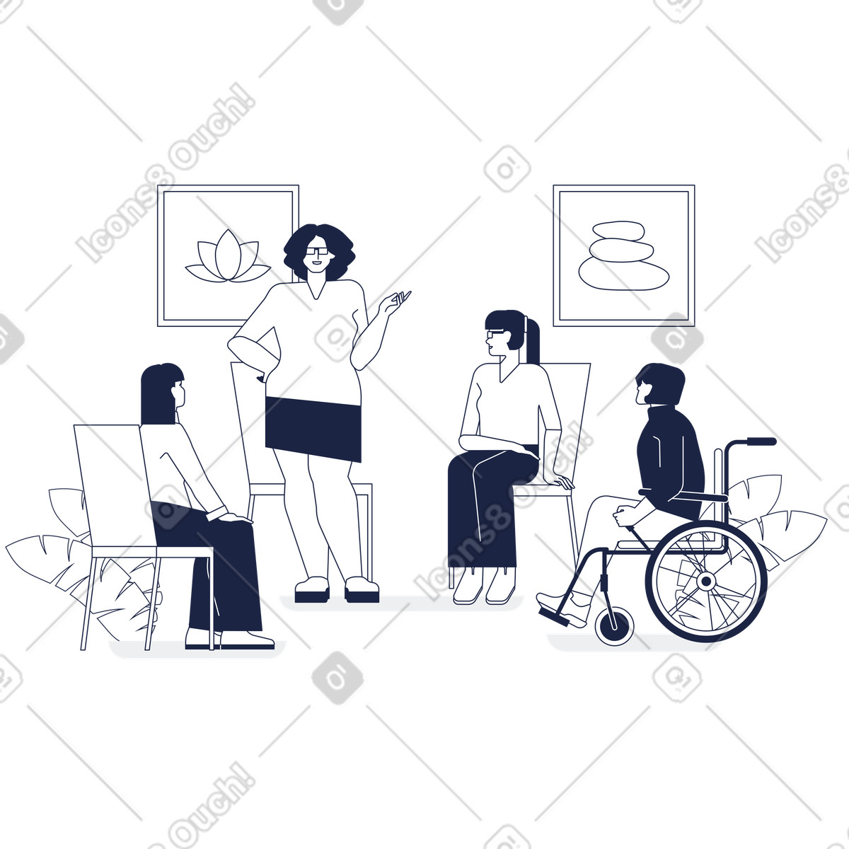 Ilustración People attending group psychotherapy session, emotional support and mental wellness en estilo Urban Line a descargar en PNG y SVG