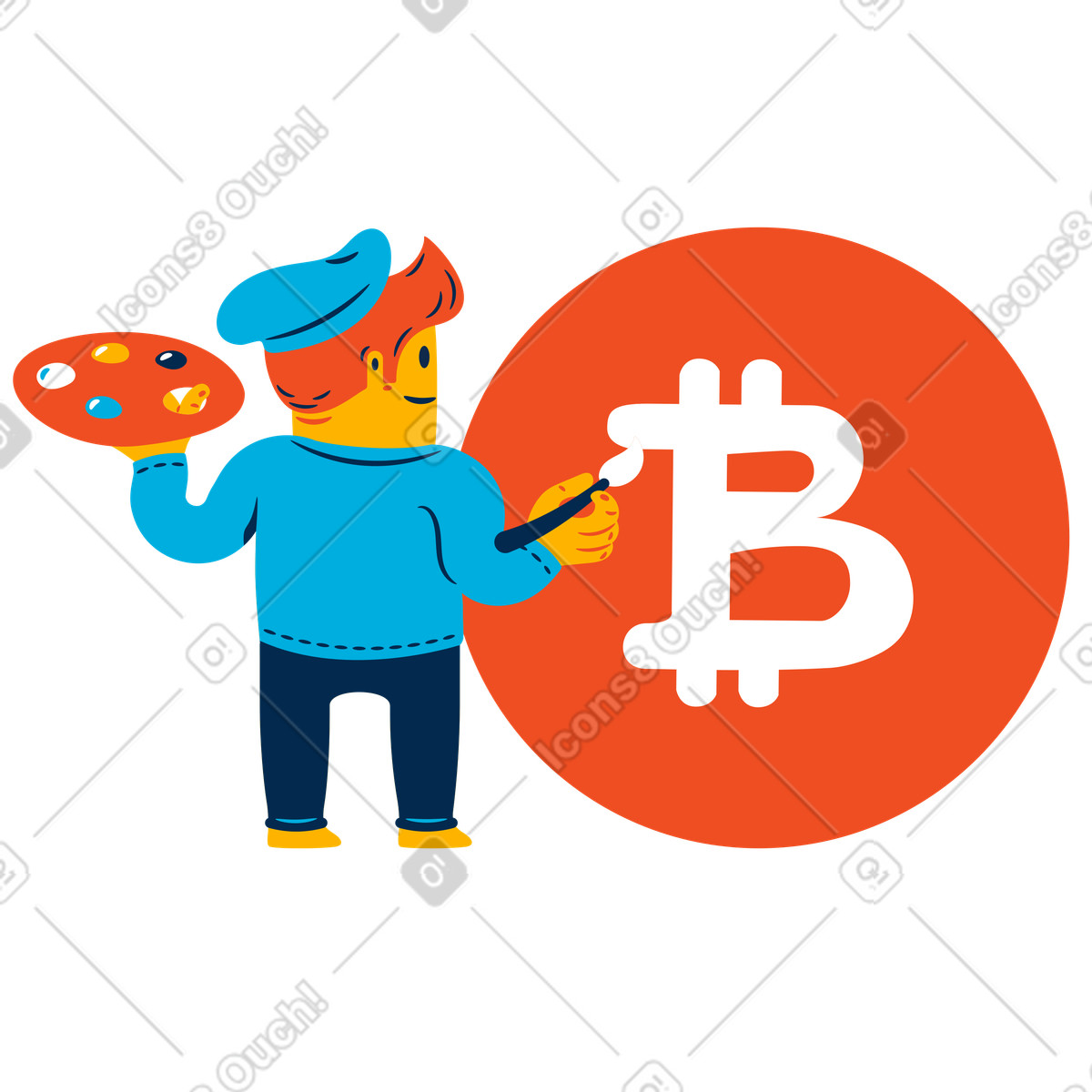 Ilustración Artista pintando un cartel de bitcoin en estilo Flame a descargar en PNG y SVG