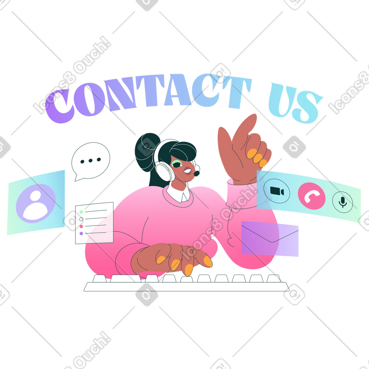 Customer support representative interacting with floating interface elements, Contact center workflow illustrazione in stile Florid scarica in PNG, SVG