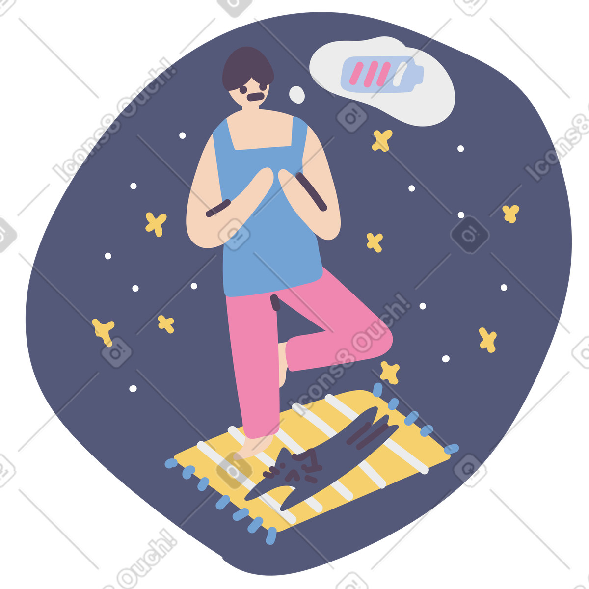 Man and cat doing yoga on a mat in space illustration in Pluto style download in PNG, SVG