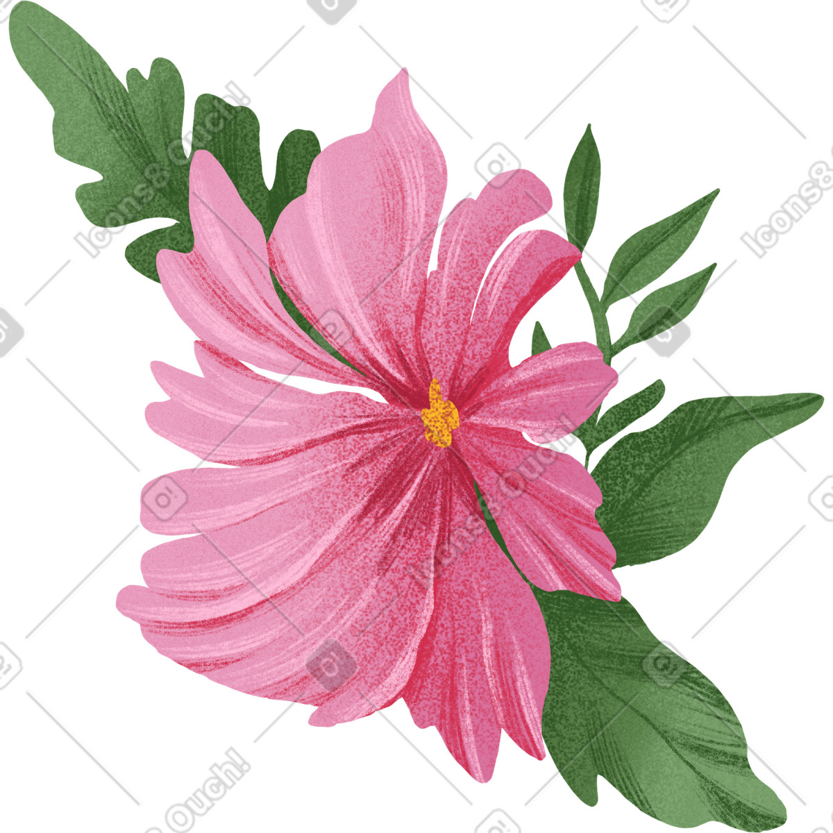 Pink flower with yellow center and green leaves illustration in Floral style download in PNG, SVG