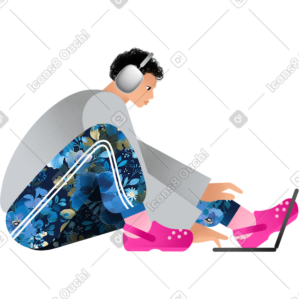 Ilustración Young man sitting and working at a laptop en estilo Patchwork descargar en PNG y SVG