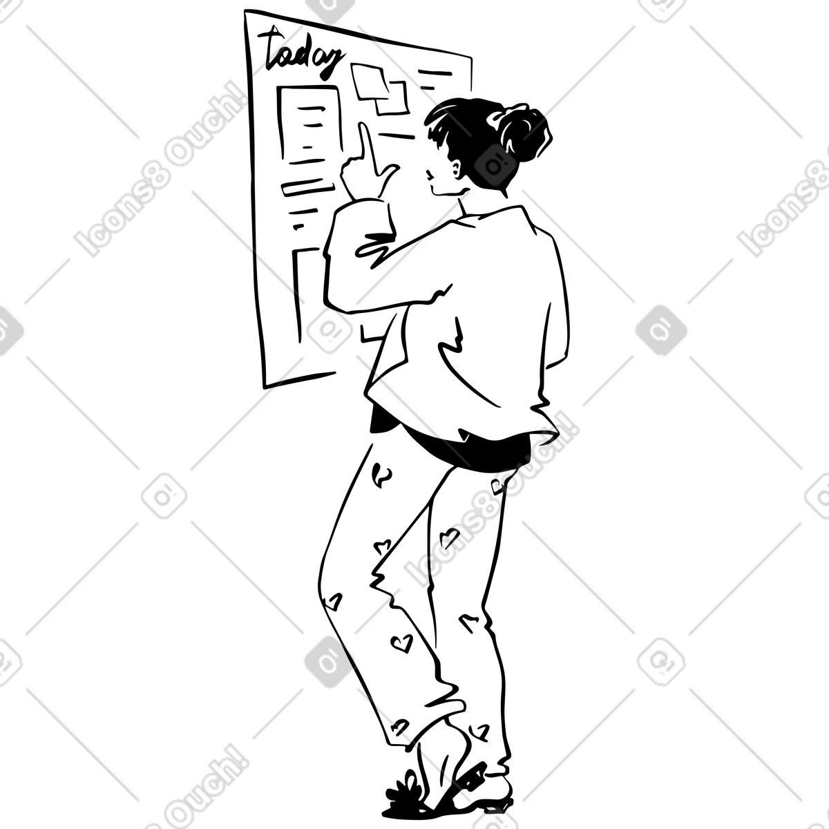 Frau im pyjama schaut auf die aufgabentafel für heute-Illustration Line-Stil als Download in PNG, SVG