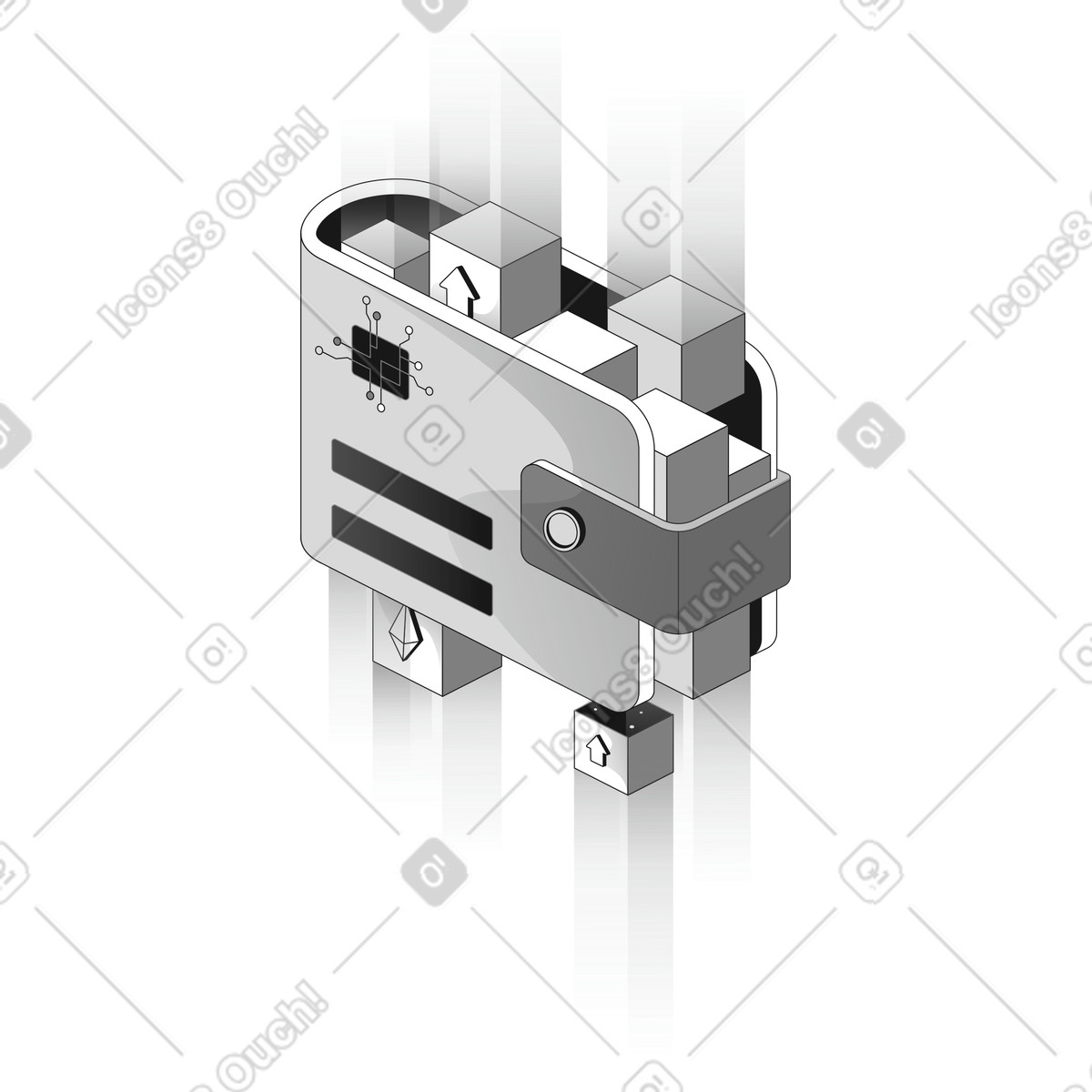 Wallet with cryptocurrency cubes and digital circuit board payment symbol illustration in Futuristic style download in PNG, SVG