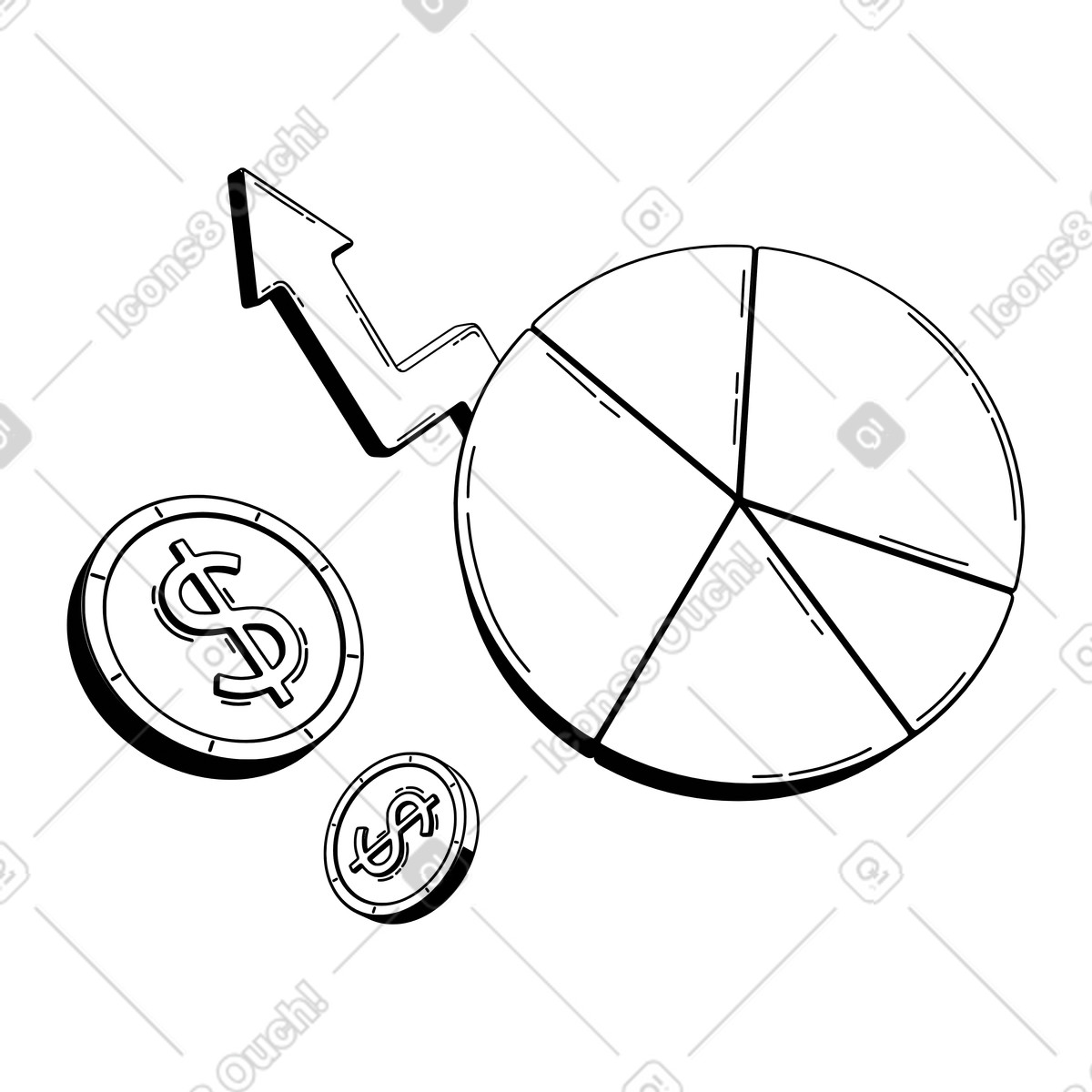 Illustration animée Diagramme circulaire et pièces de monnaie avec flèche croissance, finance d'entreprise augmentation des revenus dans le style 3D Techny Line à télécharger aux formats GIF, Lottie (JSON), AE