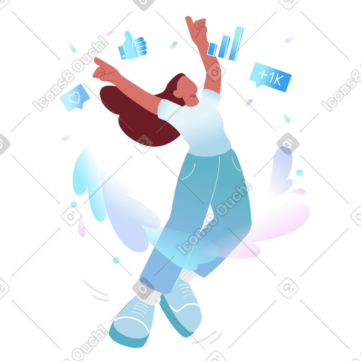 Excited social media creator celebrating campaign success, online engagement growth illustration in Airy style download in PNG, SVG